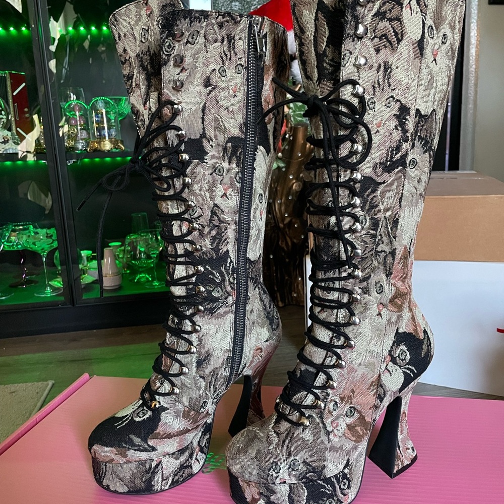 Sugar Thrillz Cat Print knee high lace up boots